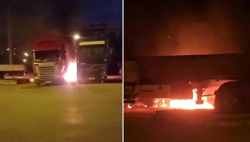 Park Halindeki Tırlara Saldırı: Korkunç Yangın Anları Kameralarda